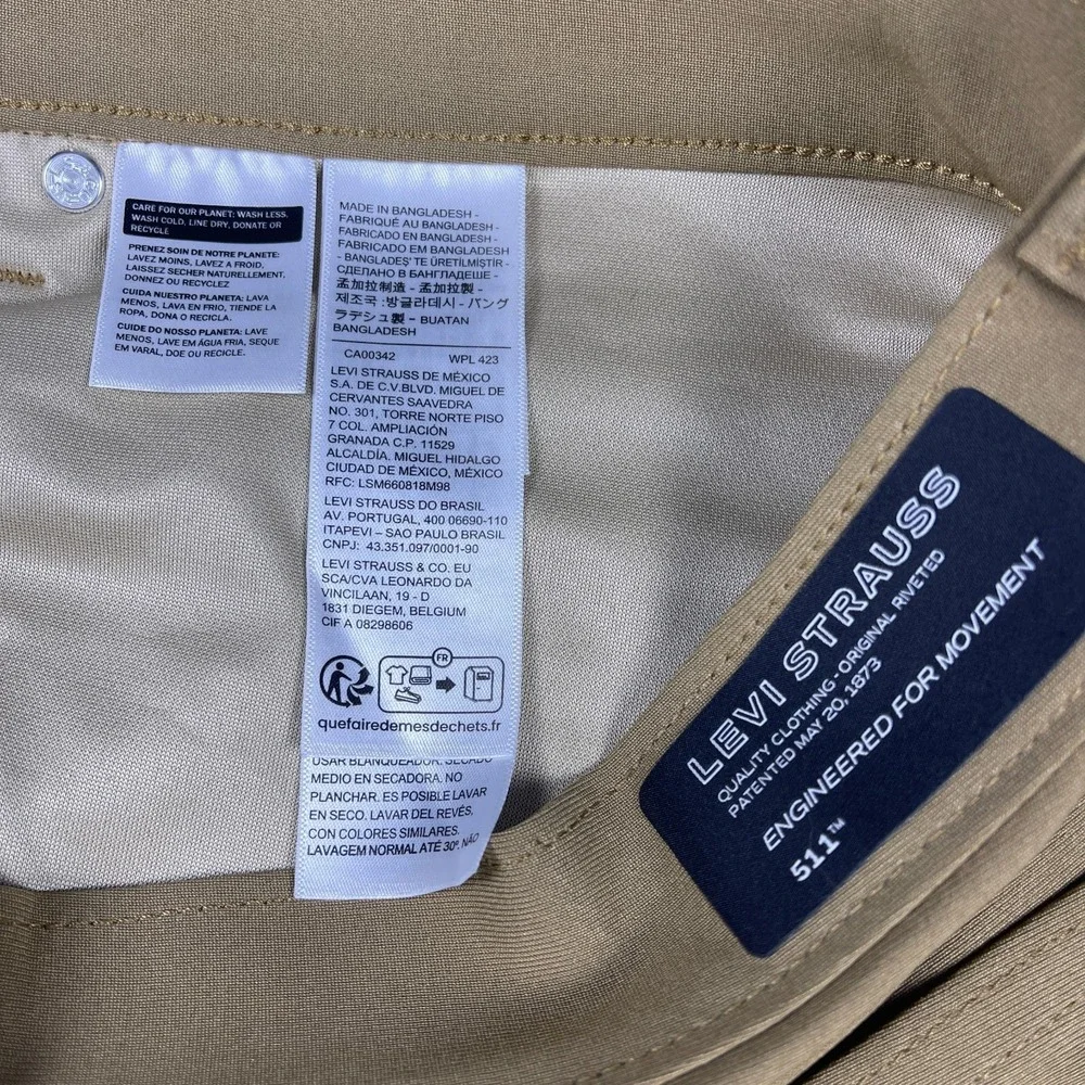 Levi's 511 Pants Mens 34x34 Slim Fit Stretch Engineered for Movement Khaki Beige